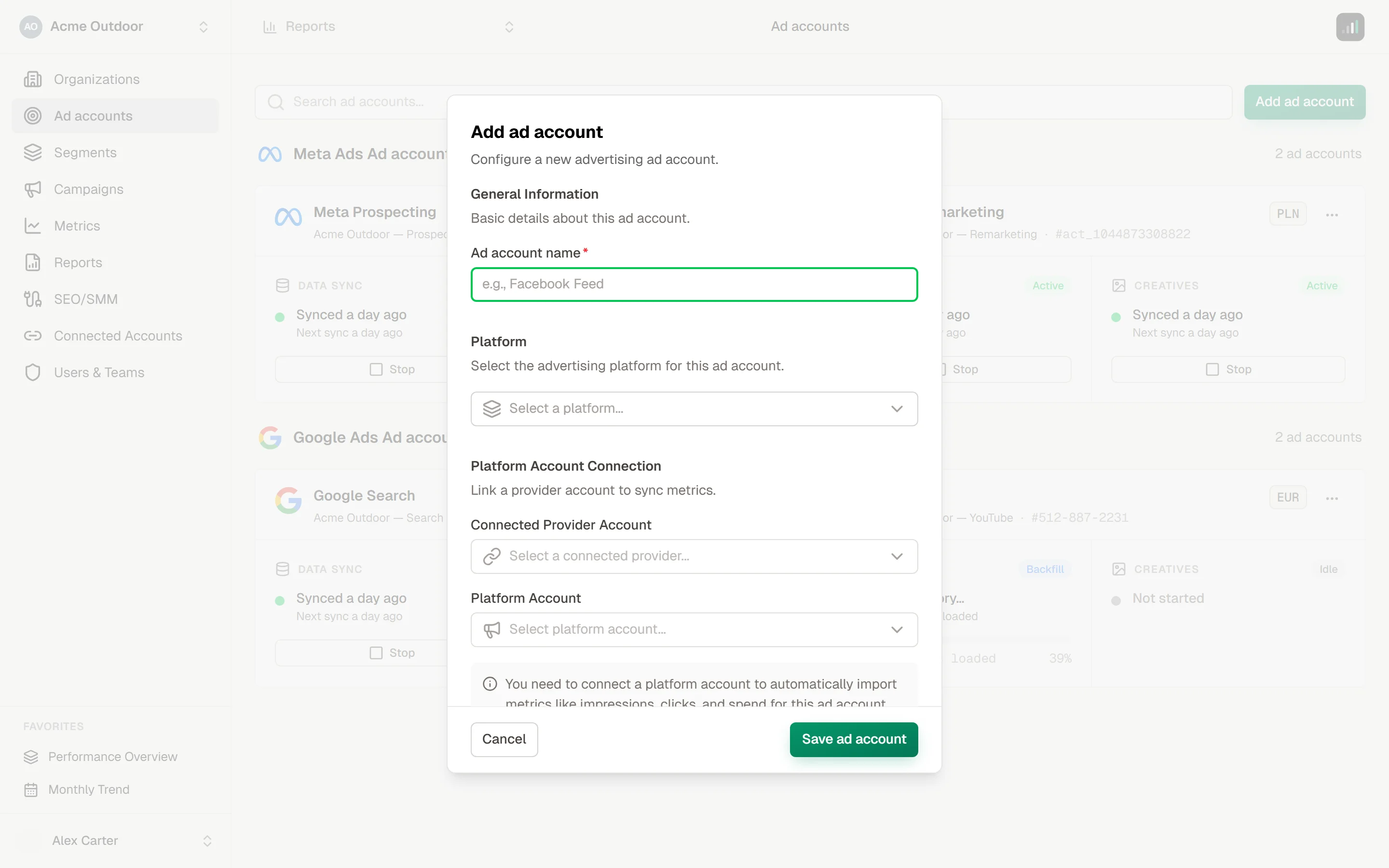 Ad account form with Name, Platform, Connected account, and Advertising account fields