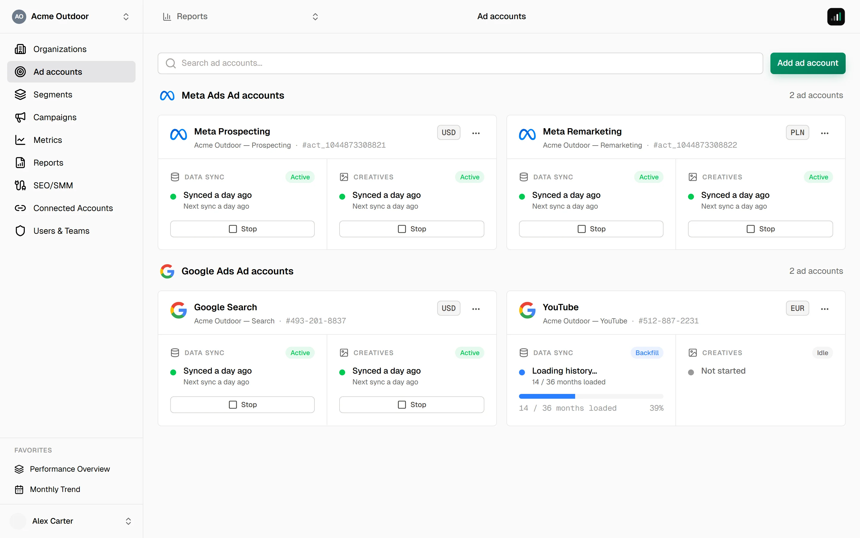 Ad accounts page listing the organization's ad accounts with sync status and the Data sync and Creatives pipelines on each card
