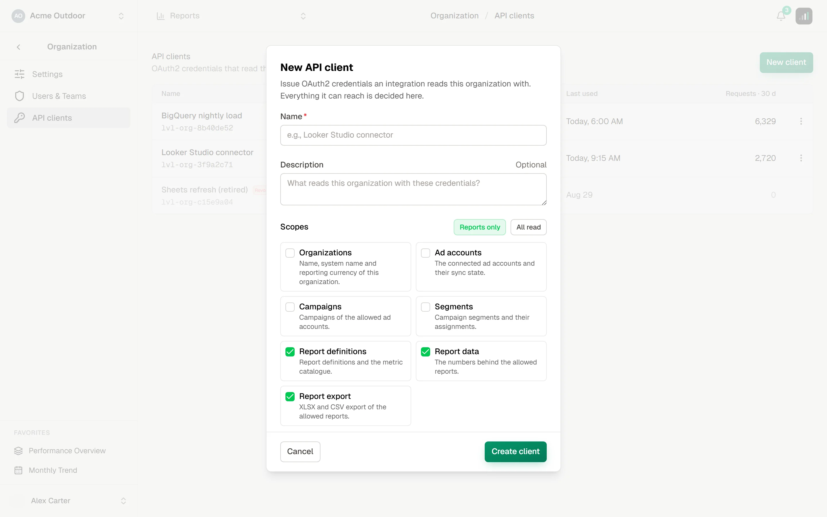 New API client dialog with name and description fields, scope presets, the scope checkboxes and the report and ad-account pickers