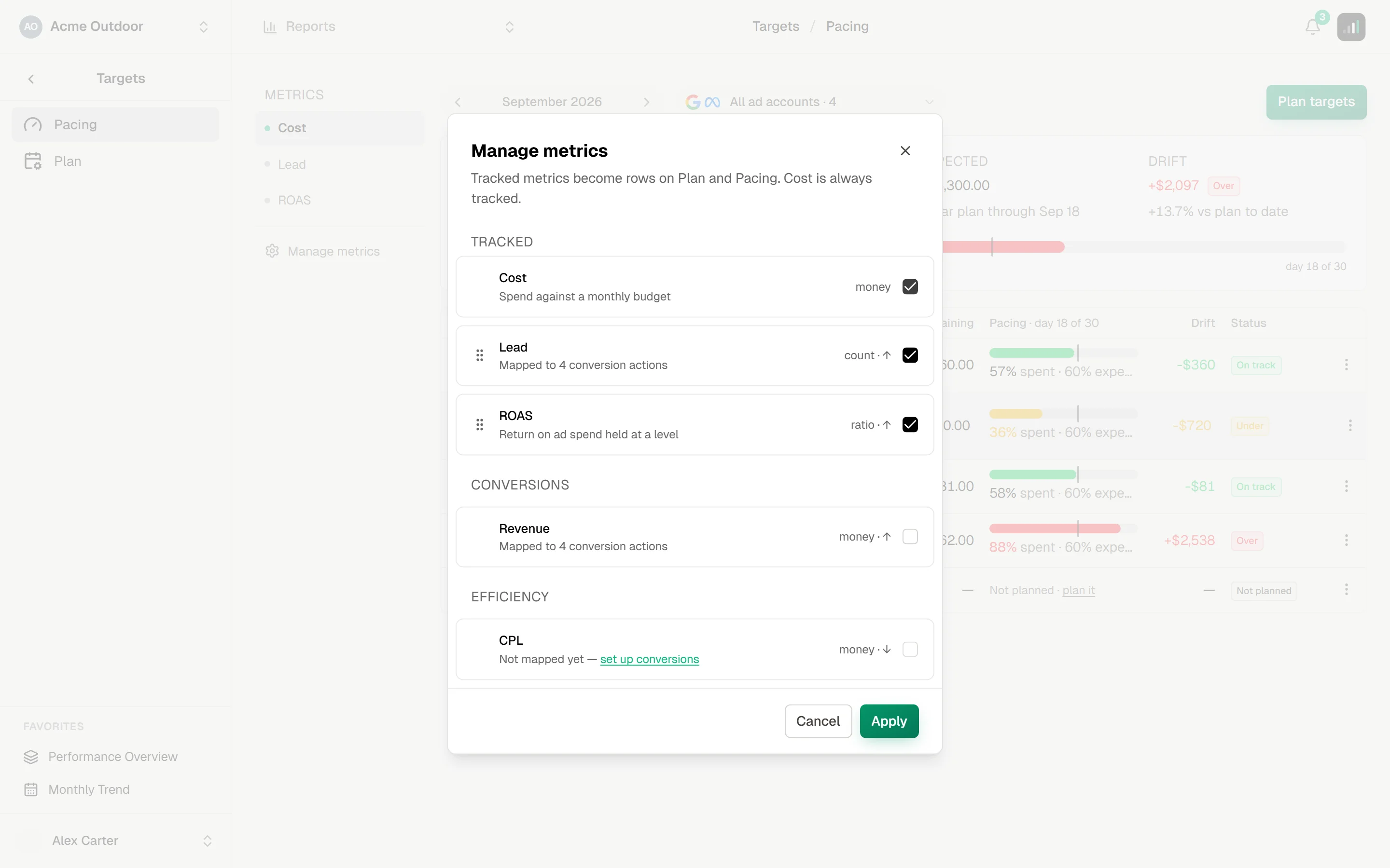 Manage metrics dialog listing tracked metrics Cost, Lead and ROAS with checkboxes and drag handles, then untracked metrics grouped under Conversions and Efficiency, one of them marked not mapped yet