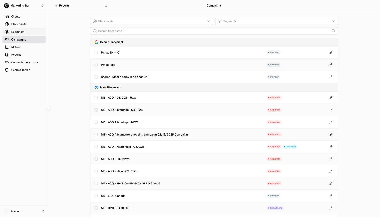 Campaigns page showing read-only campaigns from the client's placements with segment chips