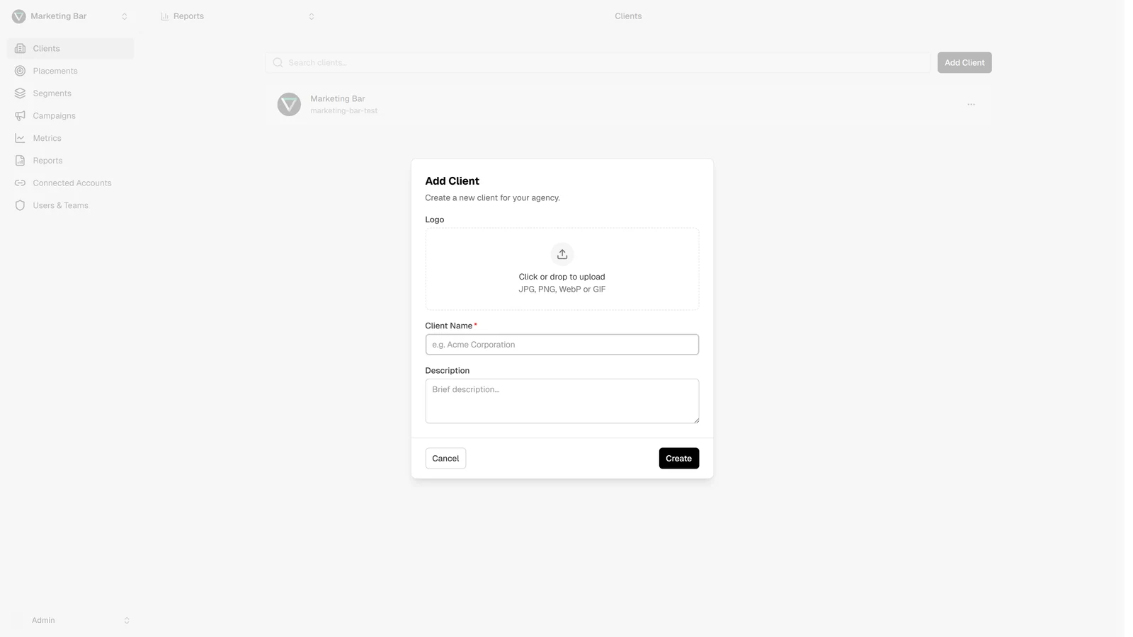 Client modal in create mode with Logo, Name, and Description fields