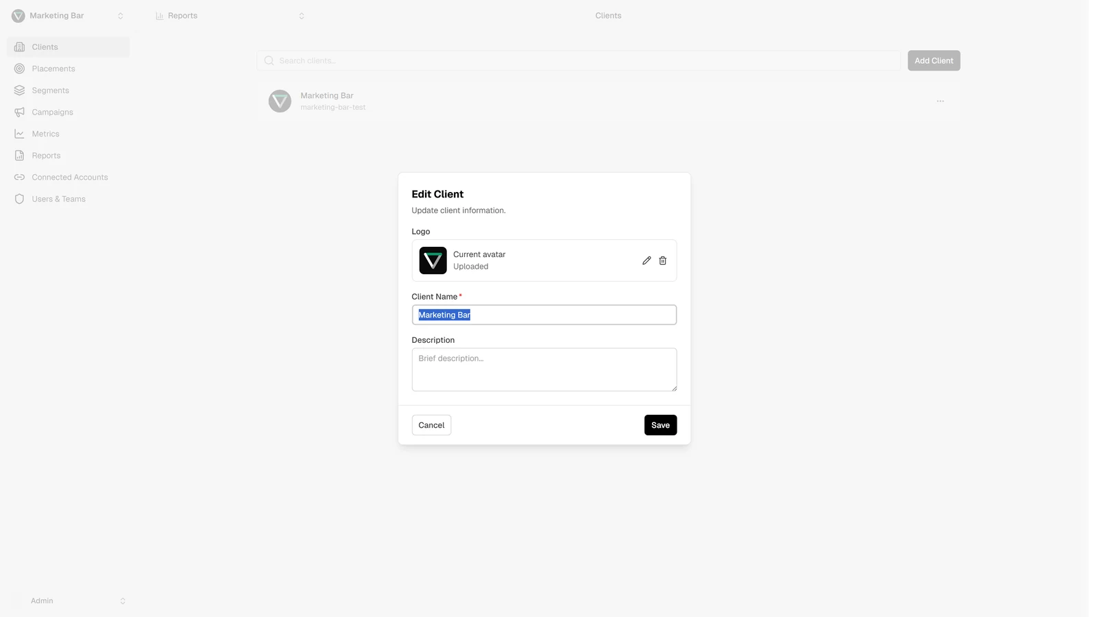 Edit Client modal with the existing logo, name, and description pre-filled, and a Save action