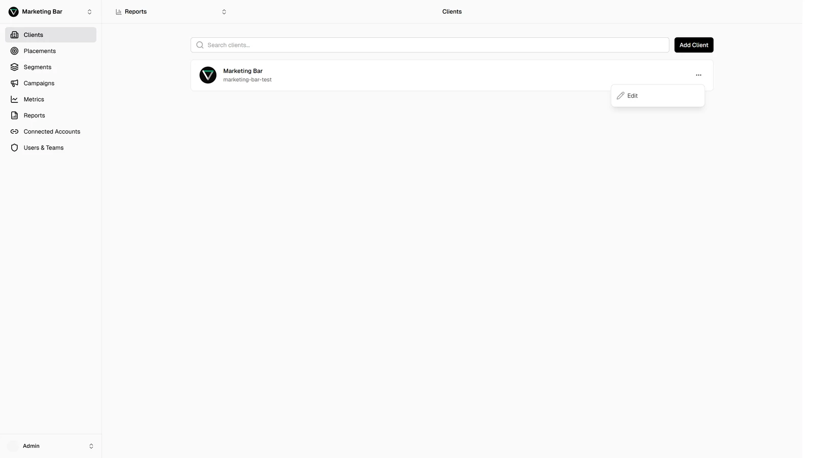 Clients page with a row's overflow menu open showing Edit, Delete, and other client-row actions