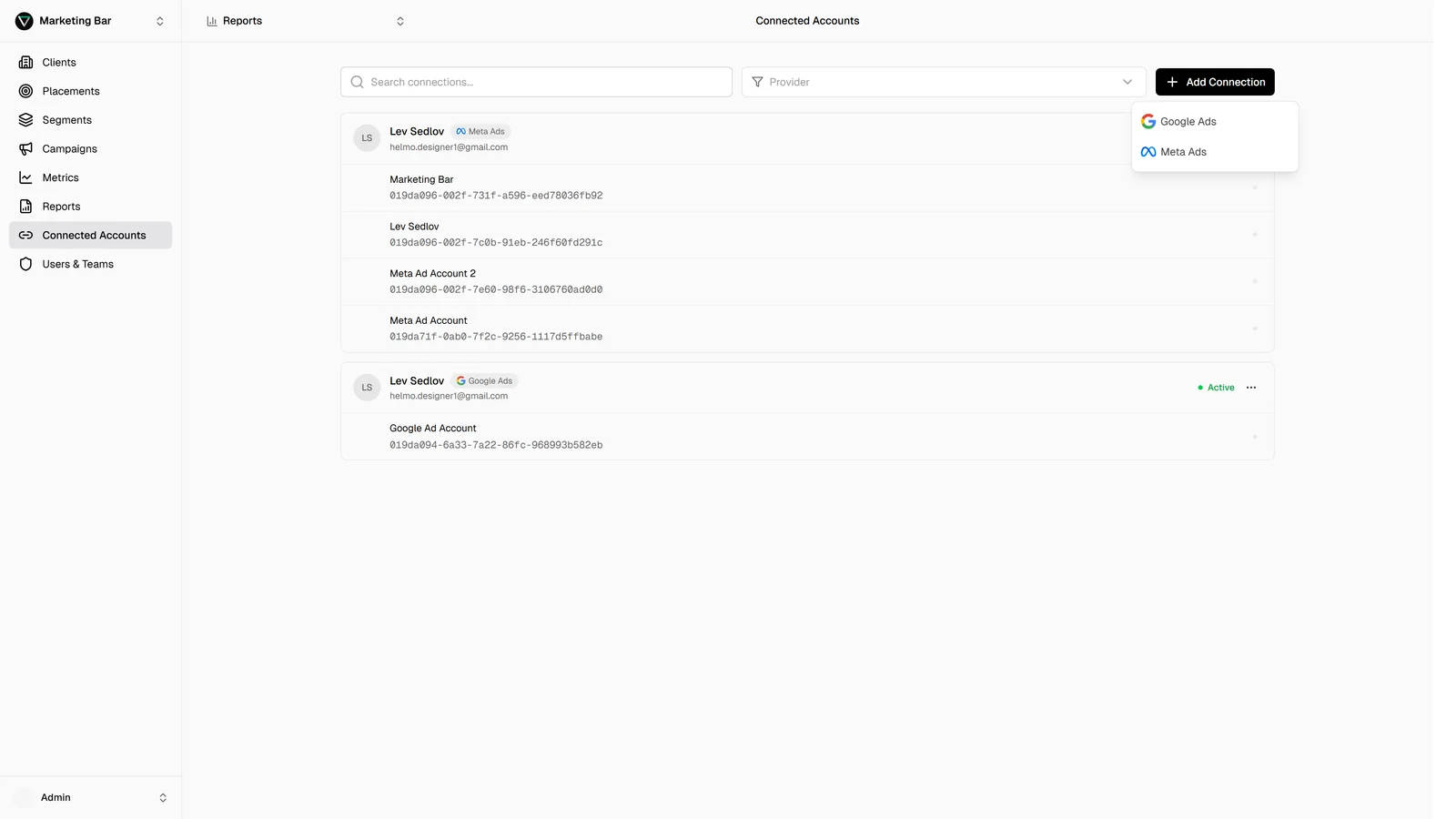 Add Connection dropdown showing Google Ads and Meta Ads as platform options