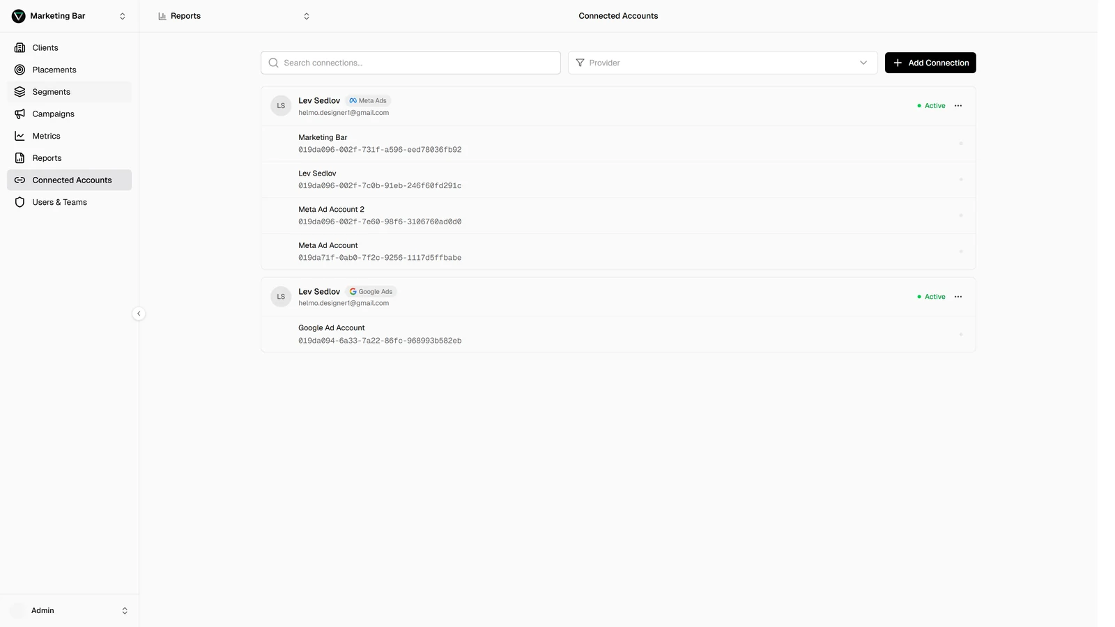 Connected accounts page showing OAuth-linked Google Ads and Meta accounts with status, ad-account list, and action menu