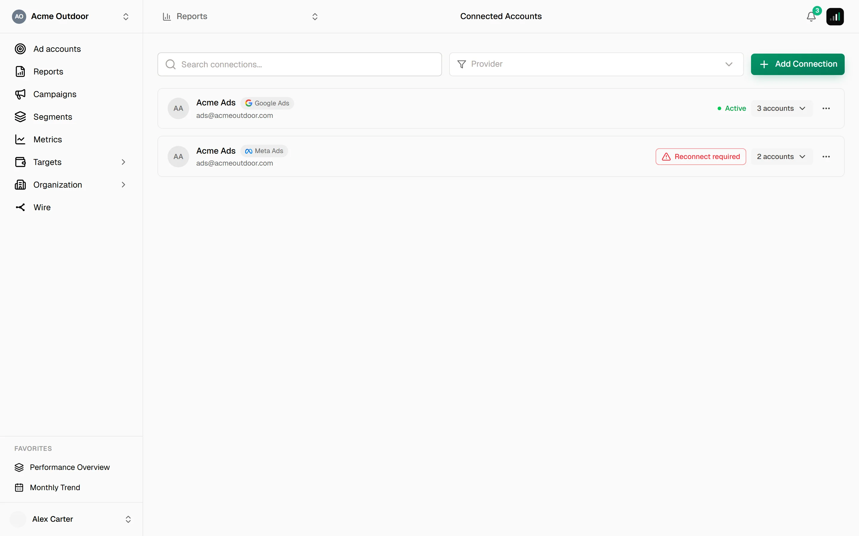 Connected Accounts page with a Meta connection in the Authentication required state, its banner explaining the expired token and a Reconnect button