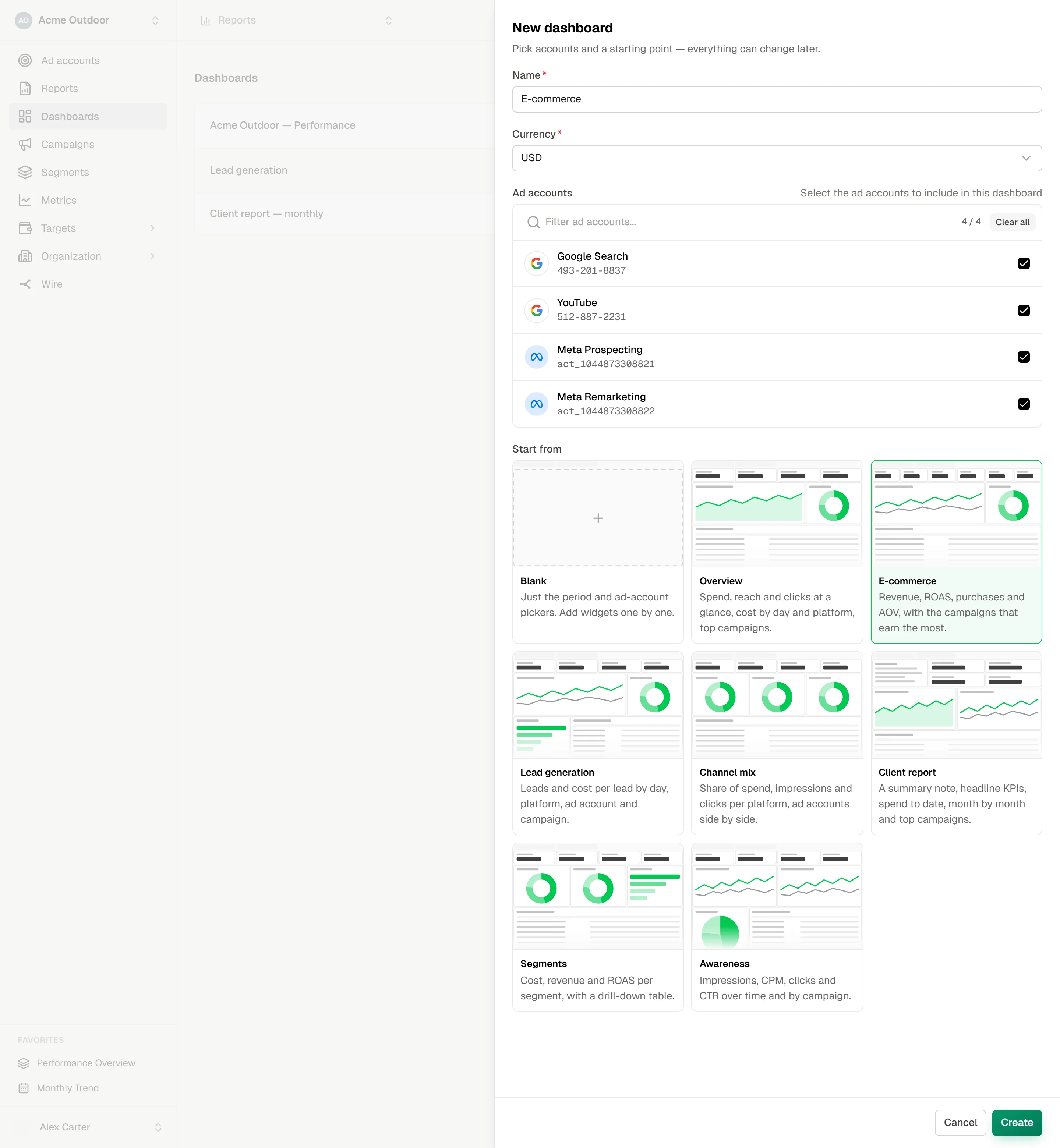 New dashboard drawer with the name E-commerce, currency USD, all four ad accounts ticked and the E-commerce template selected among eight template cards