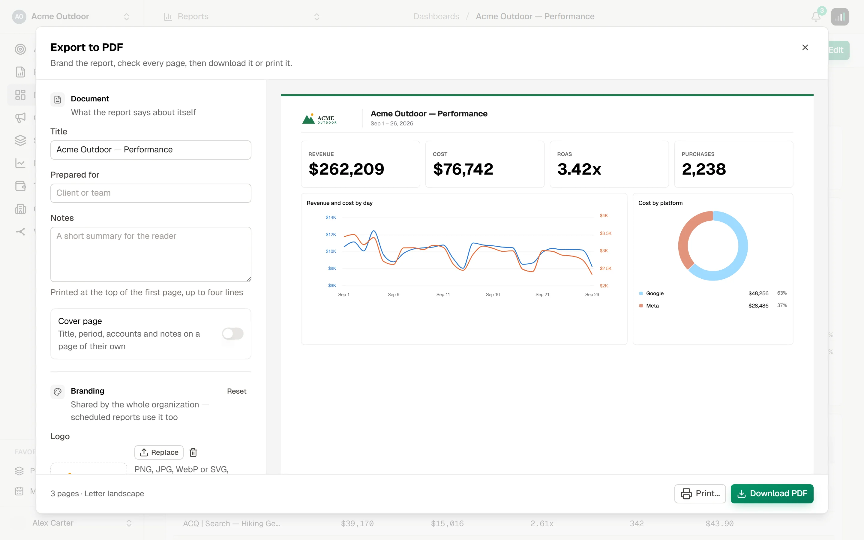 Export to PDF window: Document settings with title, Prepared for, notes and a Cover page switch, the Branding section with the organization's logo, and a preview of the first landscape page with the Acme Outdoor logo, four KPI tiles and two charts