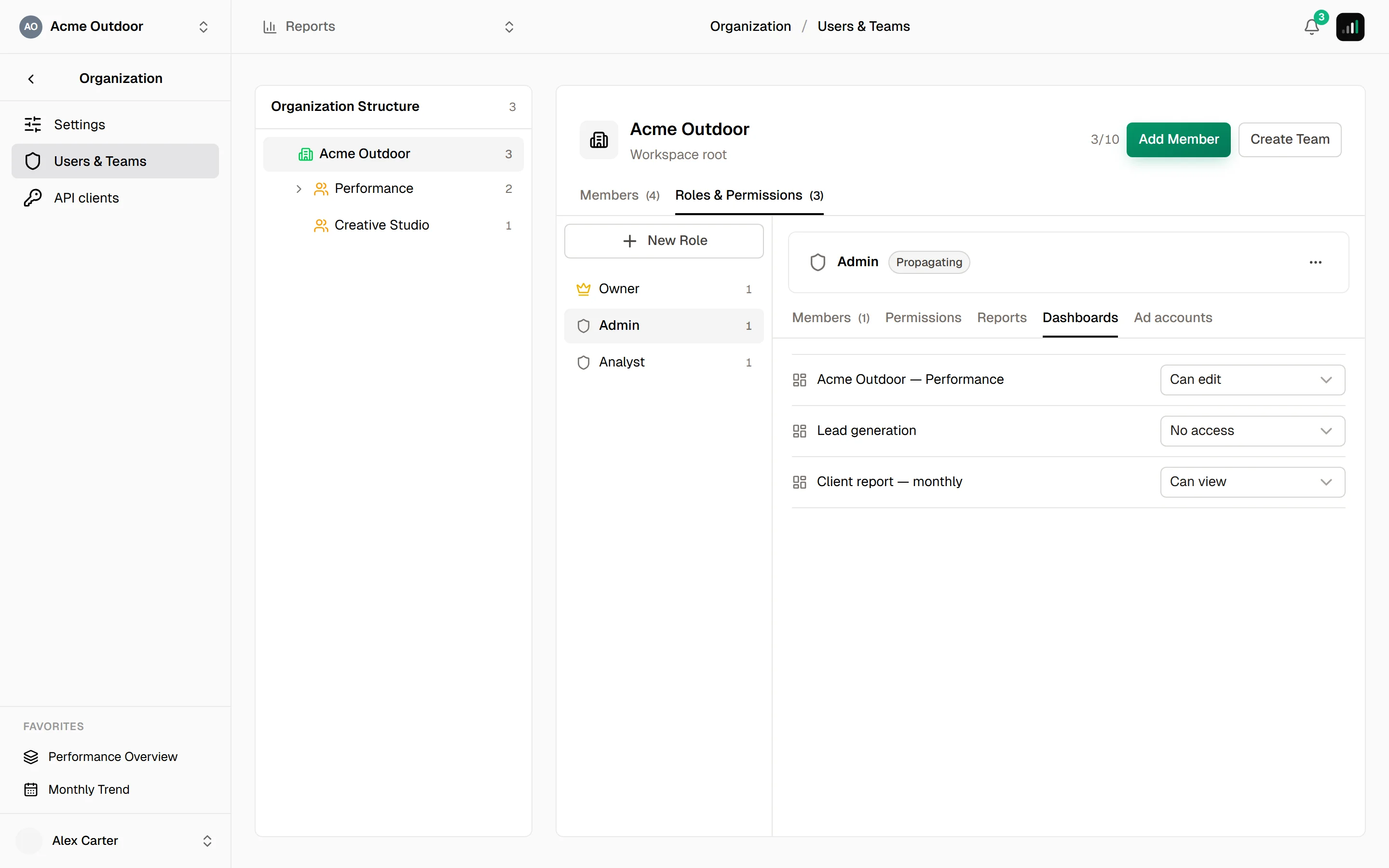 Users & Teams, Roles & Permissions, the Admin role's Dashboards tab: Acme Outdoor — Performance set to Can edit, Lead generation to No access, Client report — monthly to Can view