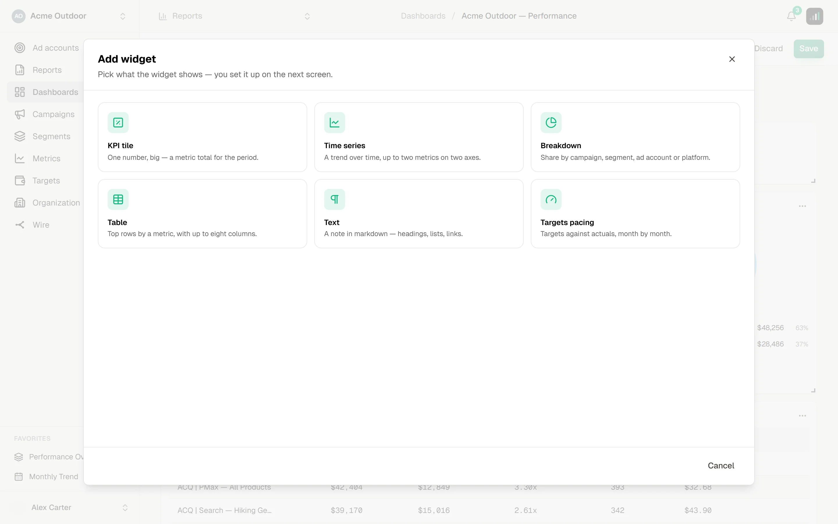 Add widget window with six widget tiles — KPI tile, Time series, Breakdown, Table, Text, Targets pacing