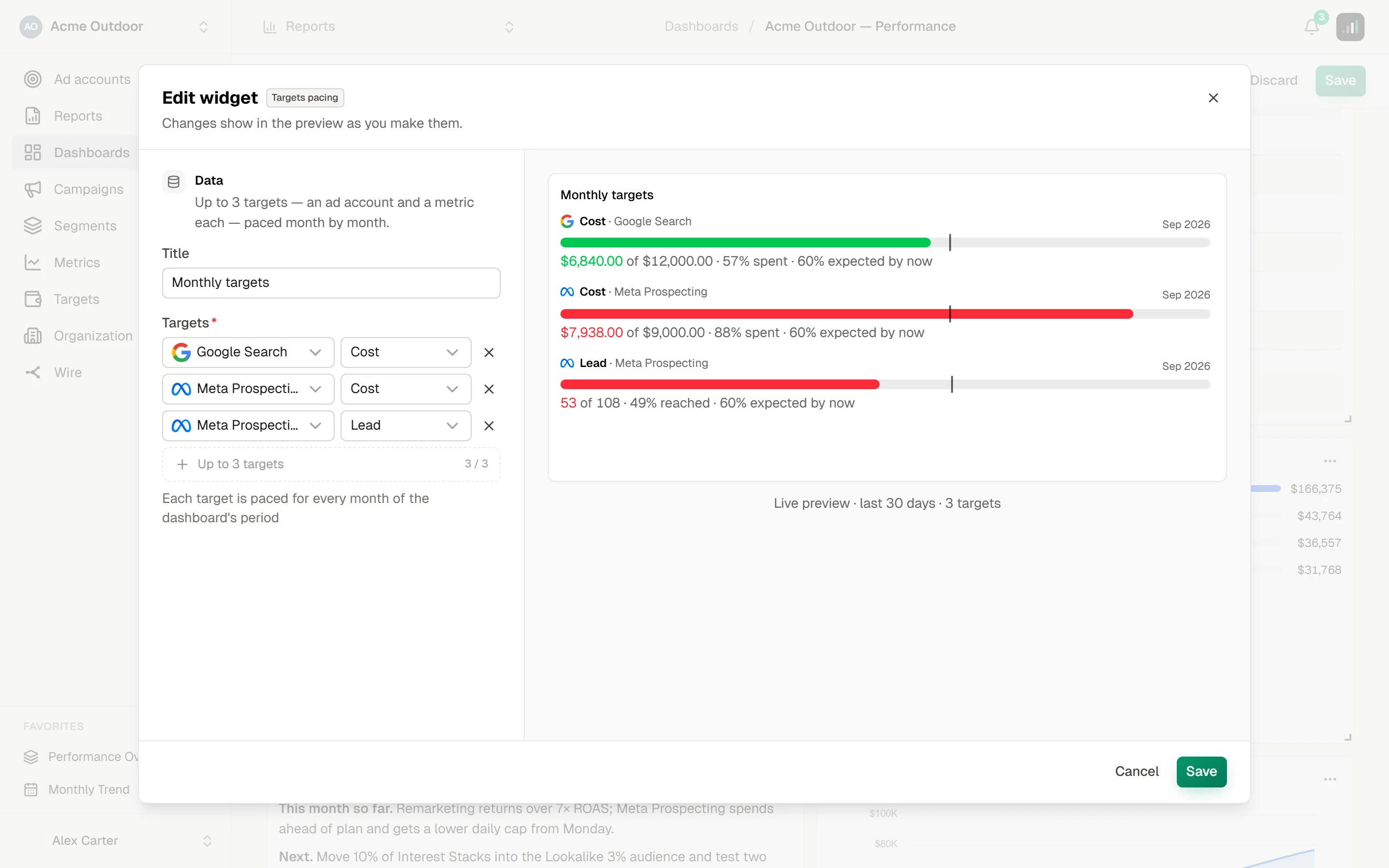 Widget editor for targets pacing: three targets — Cost on Google Search, Cost and Lead on Meta Prospecting — and their pacing bars: on track, overspent and behind