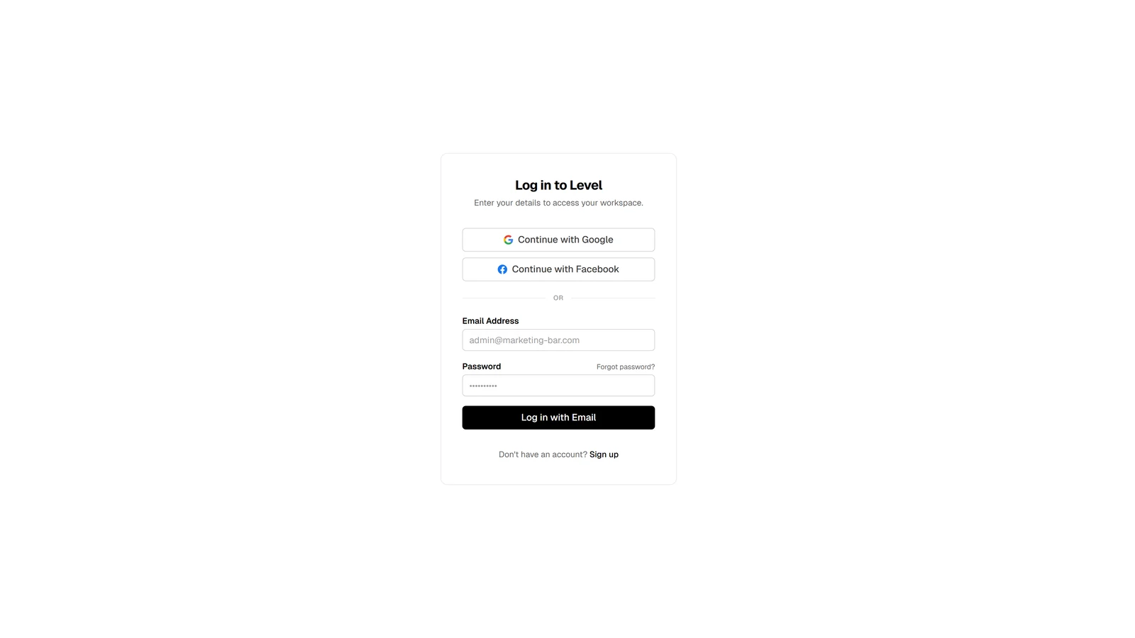 Login screen with Continue with Google, Continue with Facebook, divider, and email + password form