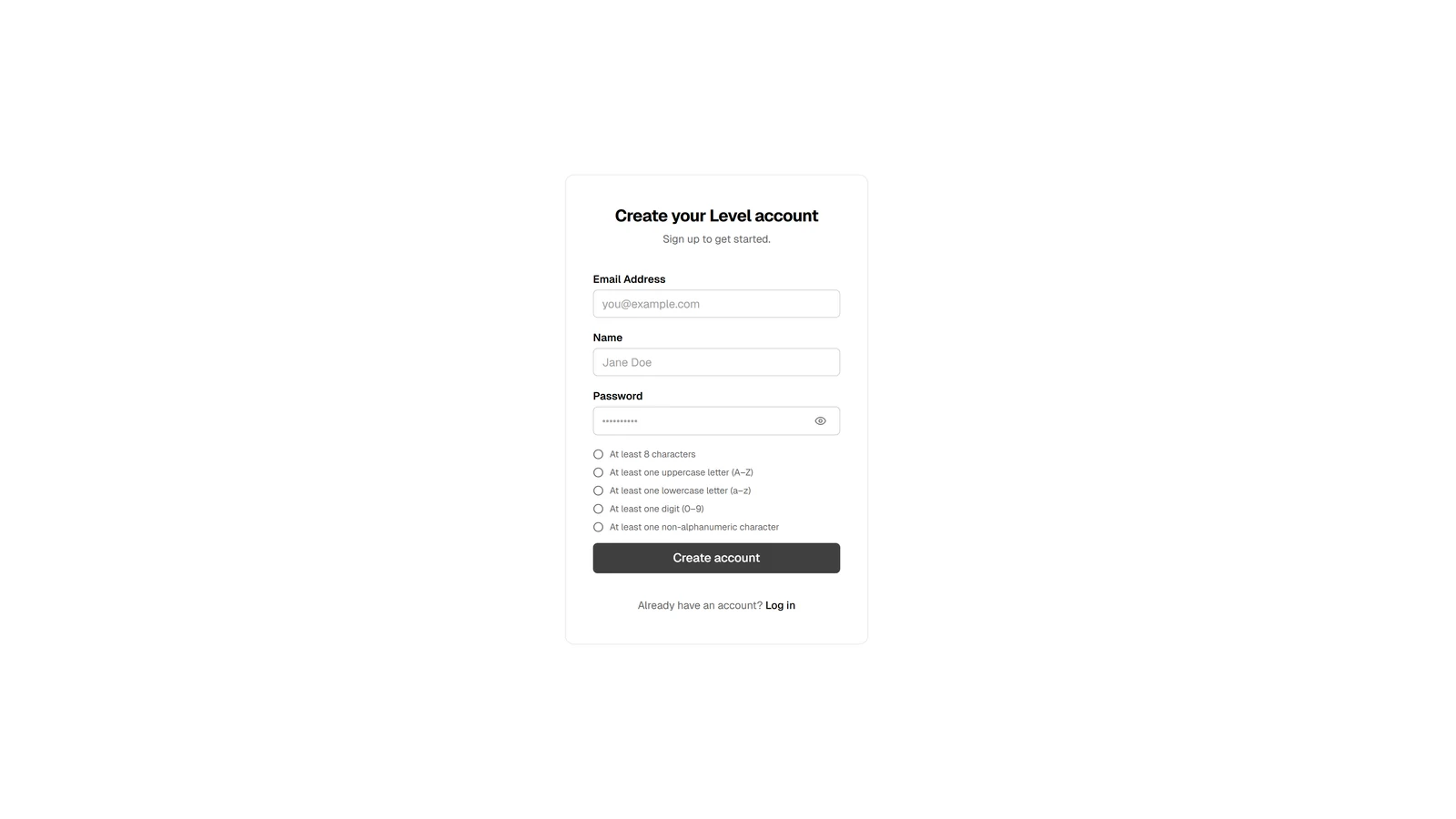Level sign-up form at /register with email, display name, and password fields plus social-sign-up buttons
