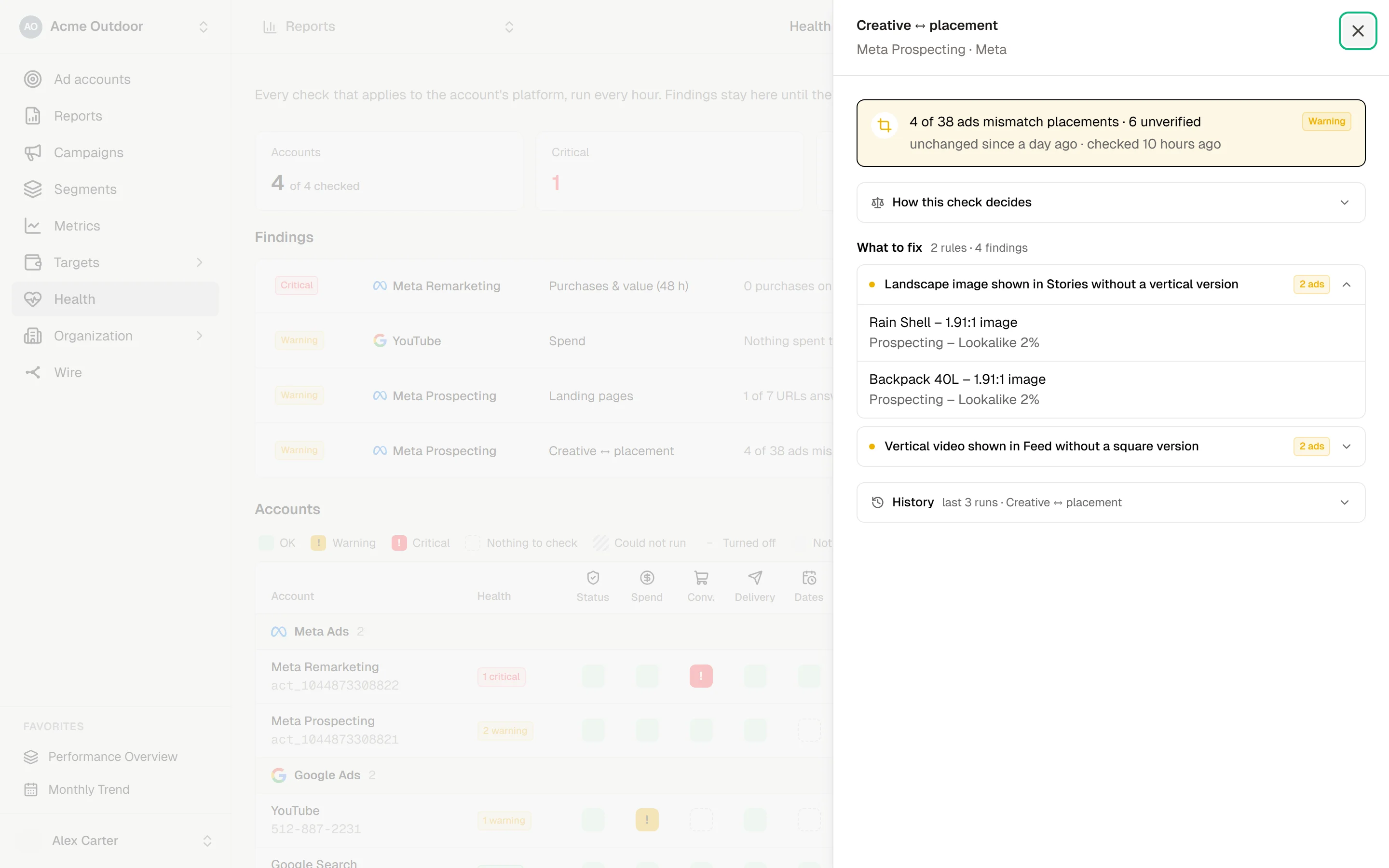 Drawer for the Creative and placement check on Meta Prospecting: the warning summary, a collapsed How this check decides section, What to fix grouping four ads under two rules, and a History section