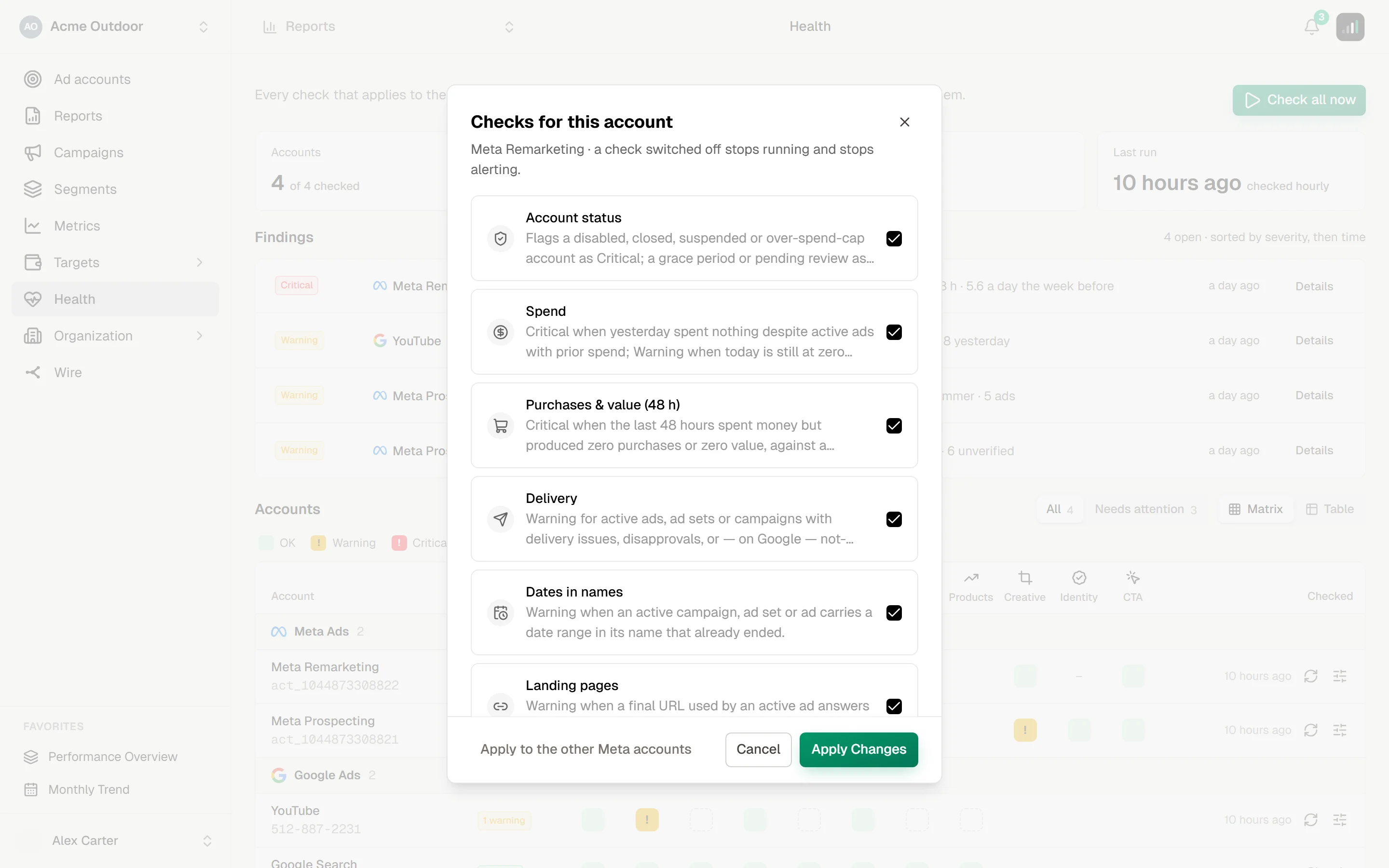 Checks for this account dialog for Meta Remarketing listing each check with its rule and a checkbox, Apply to the other Meta accounts at the bottom, Cancel and Apply Changes