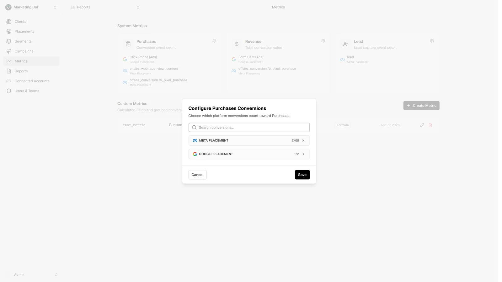 Configure conversions modal showing the conversion picker grouped by placement, with checkboxes per conversion definition