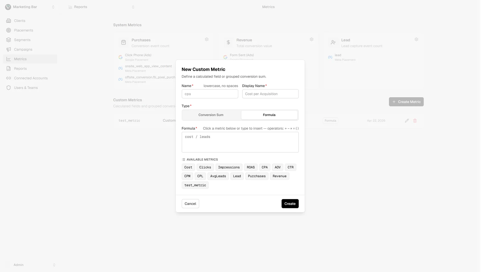 Custom metric modal with type set to Formula — Name, Display name, and Formula editor