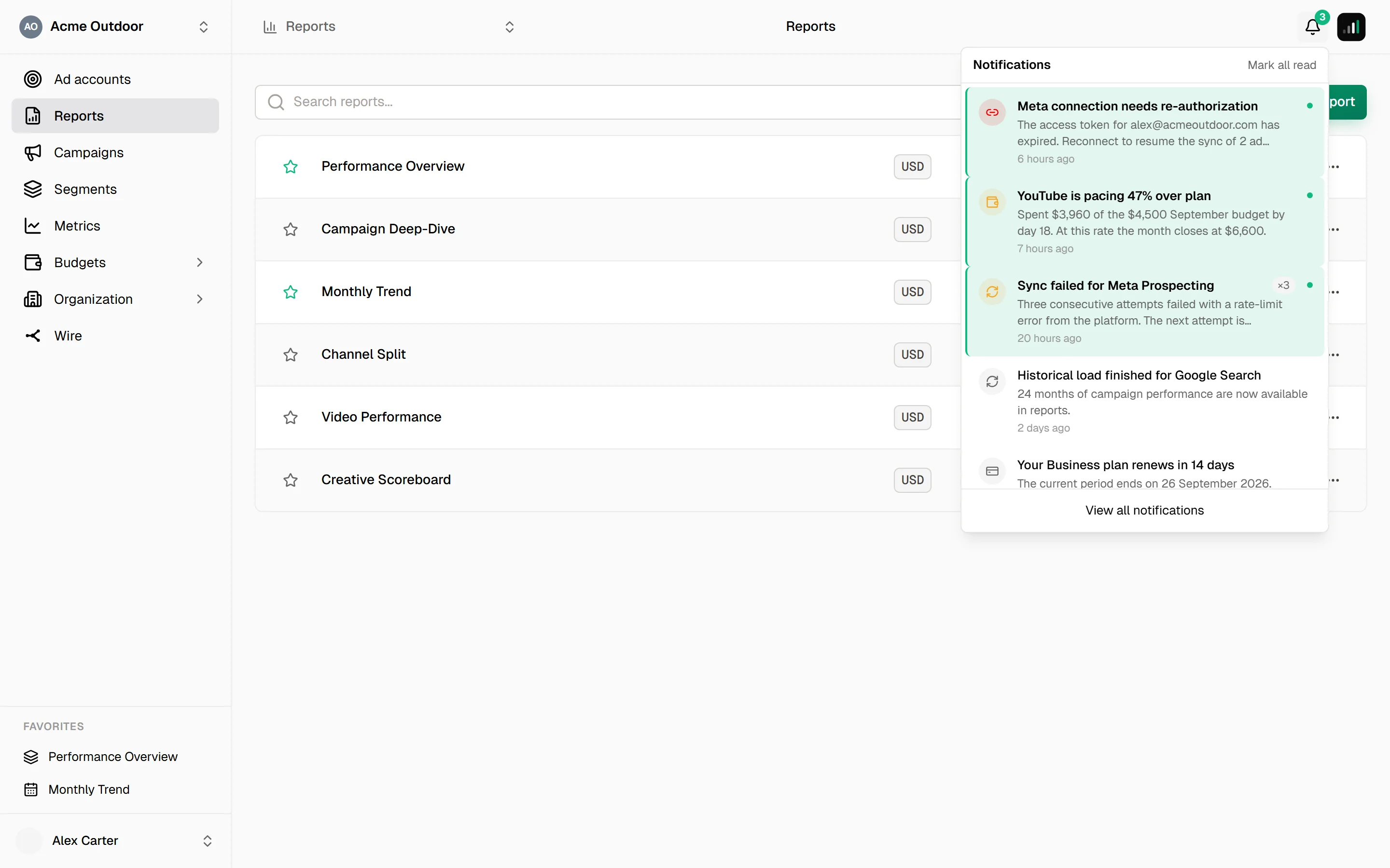 Notification bell open over the reports page, showing the unread count on the bell and a dropdown with the latest notifications, unread ones tinted, Mark all read on top and View all notifications at the foot