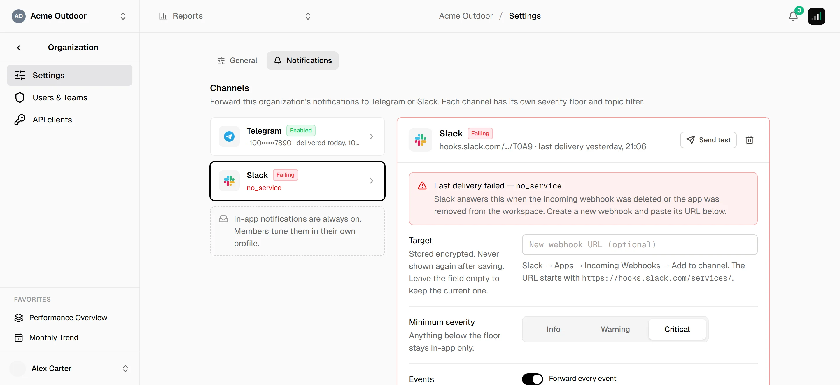Organization notification channels with Telegram and Slack down the left, the selected Slack channel failing with a no_service error, its target field and the minimum severity control