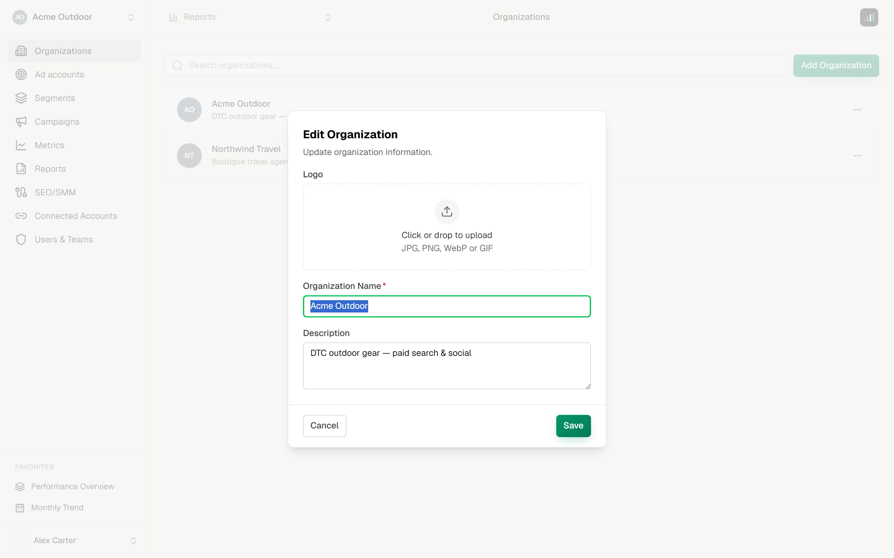 Edit Organization modal with the existing logo, name, and description pre-filled, and a Save action
