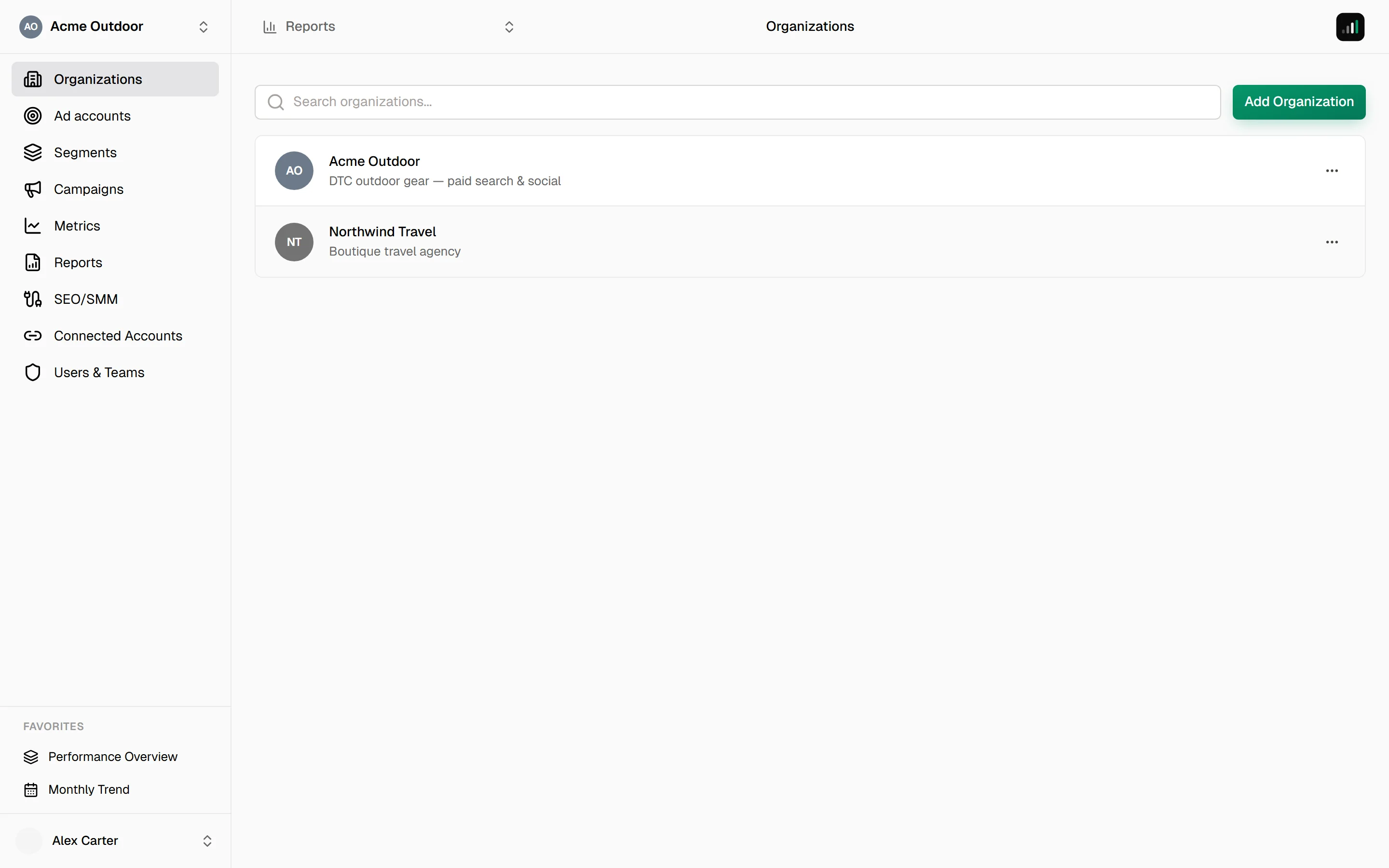 Organizations page in Level showing a table of organizations with avatar, name, and row actions menu