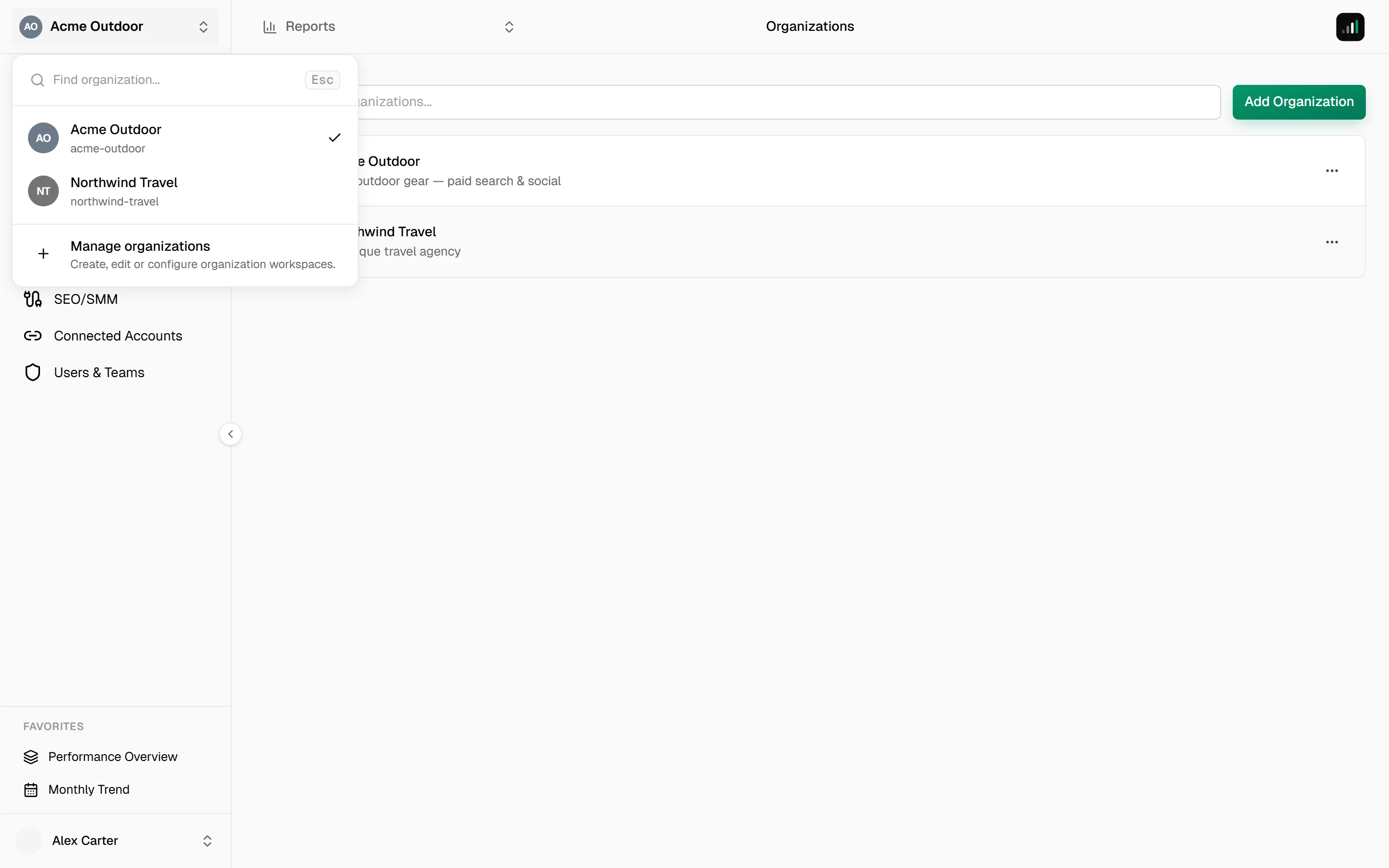 Organizations page with a row actions menu open showing Edit and Delete