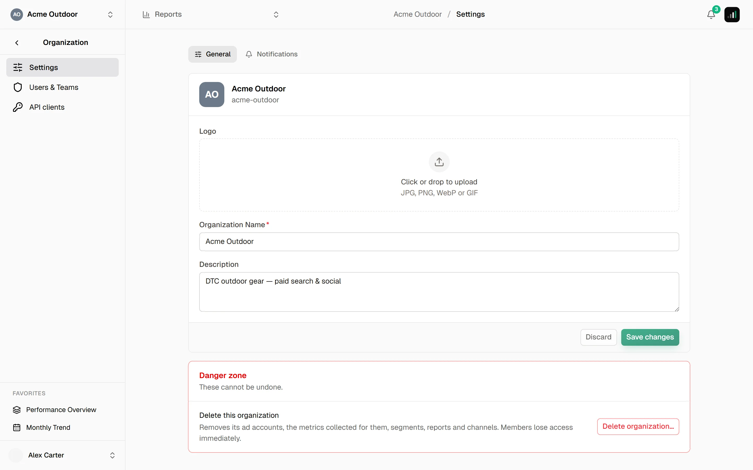 Organization settings page on the General tab with the logo, name and description fields and the pill tabs above them