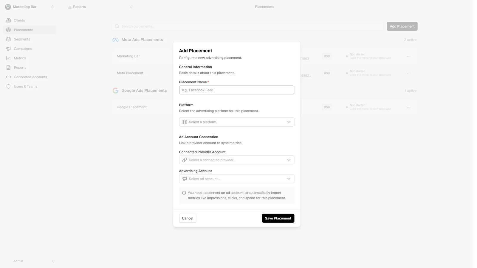 Placement modal with Name, Platform, Connected provider account, and Advertising account fields