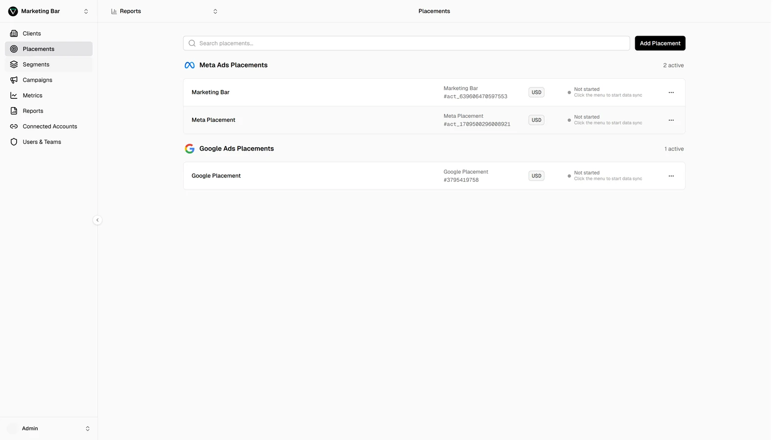 Placements page grouping ad accounts by Meta Ads and Google Ads with status pills