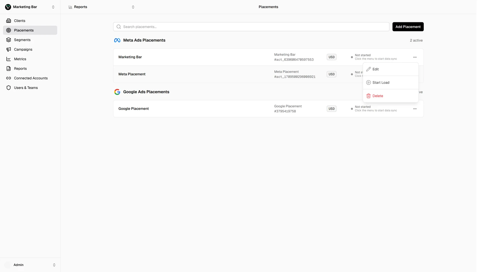 Placements page with a row's overflow menu open showing Edit, Start, Stop, Retry, and Delete actions
