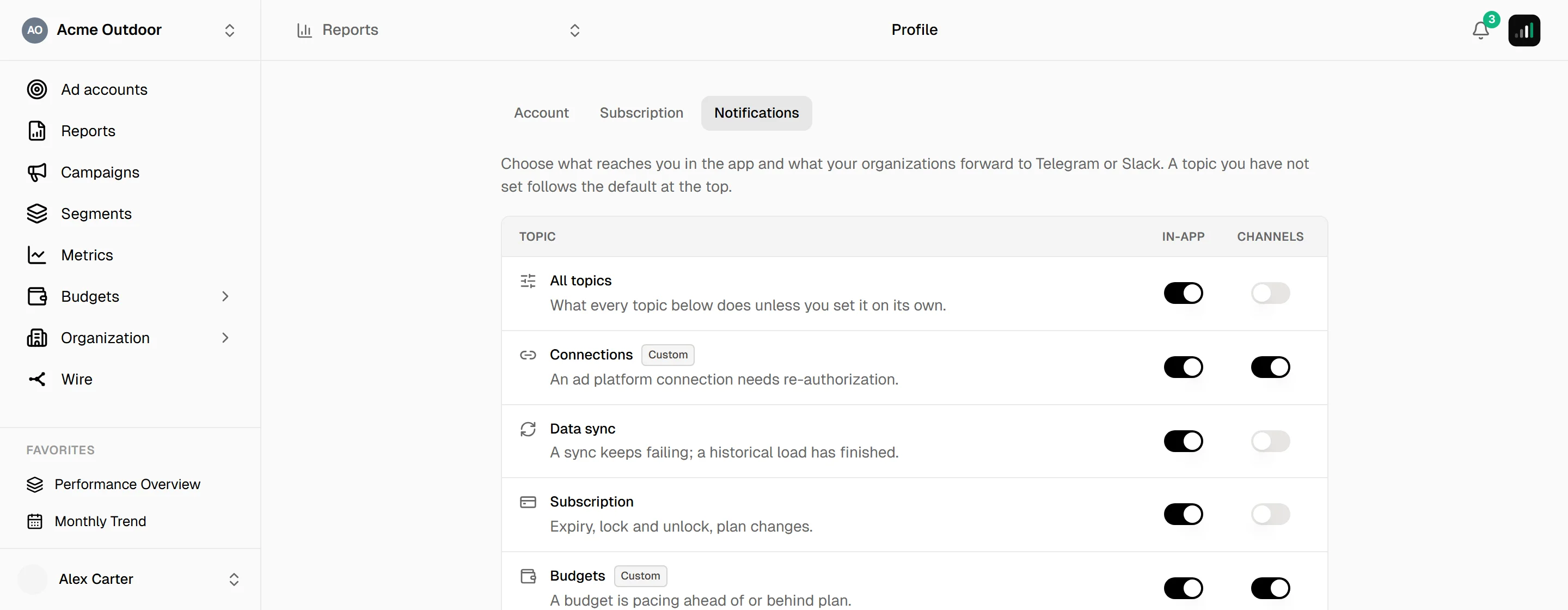 Notification preferences matrix with All topics on top and one row per topic, each with an in-app and a channels switch and a Custom badge on the edited rows