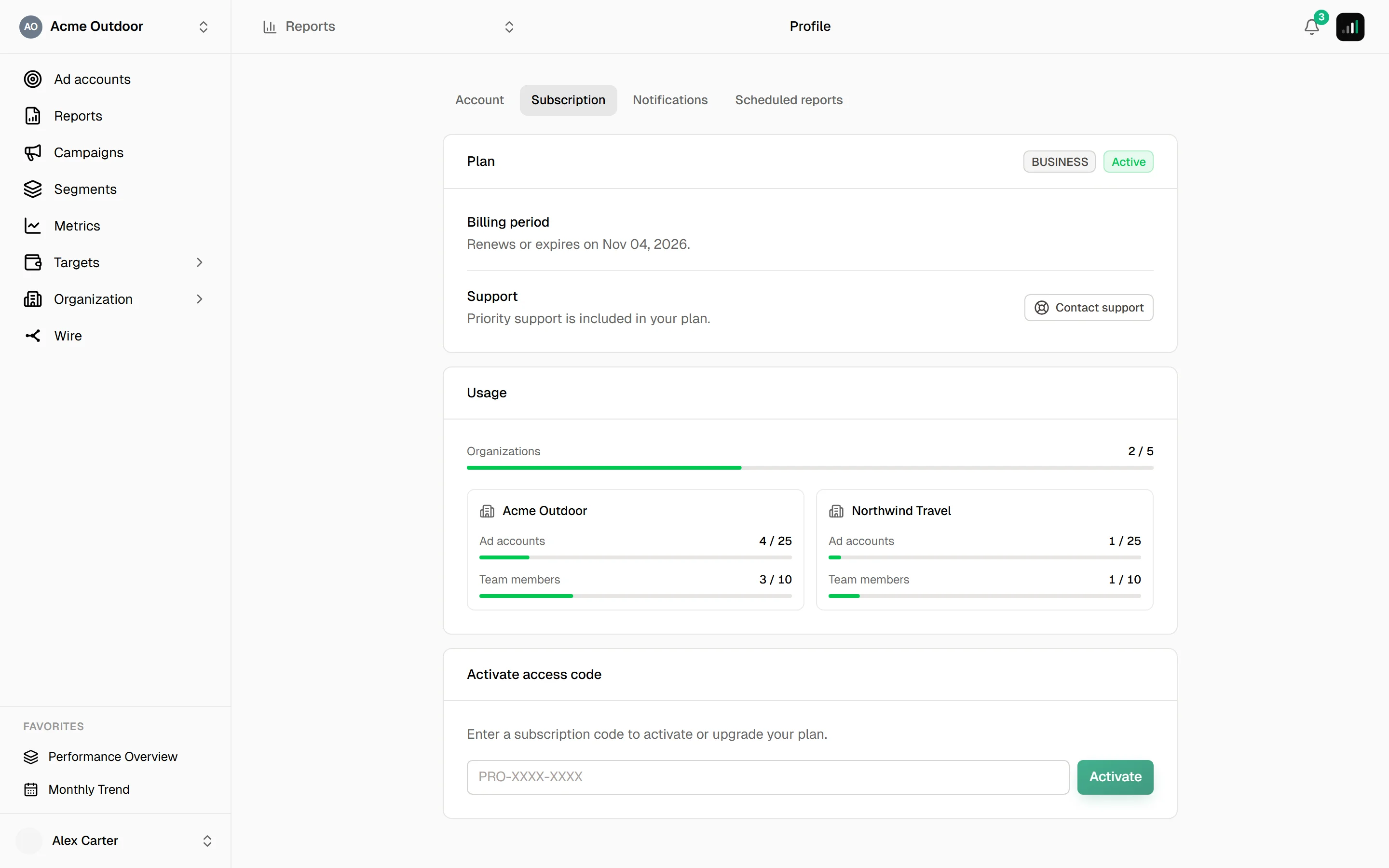 Subscription tab showing the plan badge, the renewal date, usage meters per organization and the access-code panel