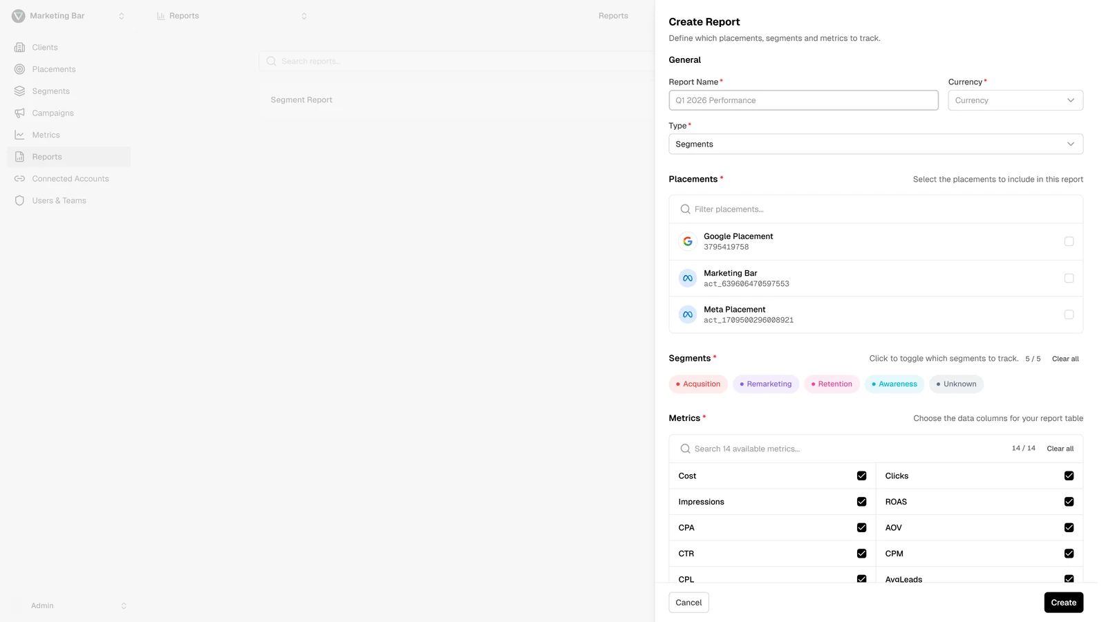 Report drawer in create mode with name, currency, type, placements, and metrics sections