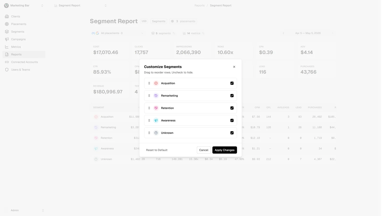 Customize panel inside an open report listing every metric with a drag handle and a checkbox