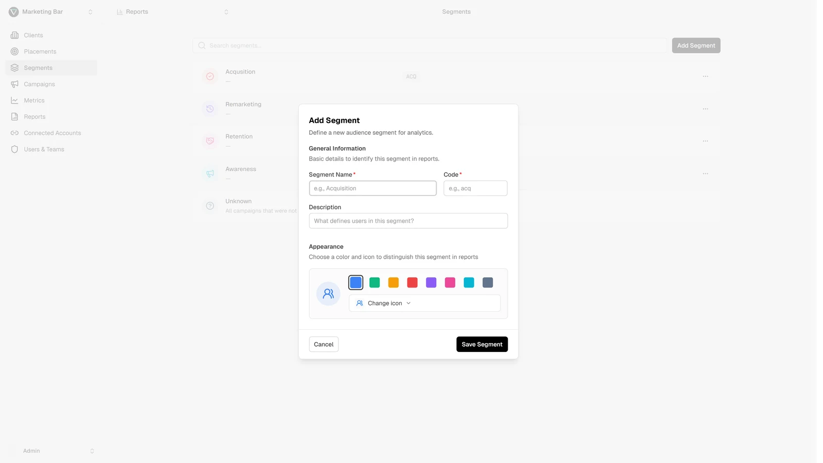 Segment modal with name, code, colour picker, and icon picker fields