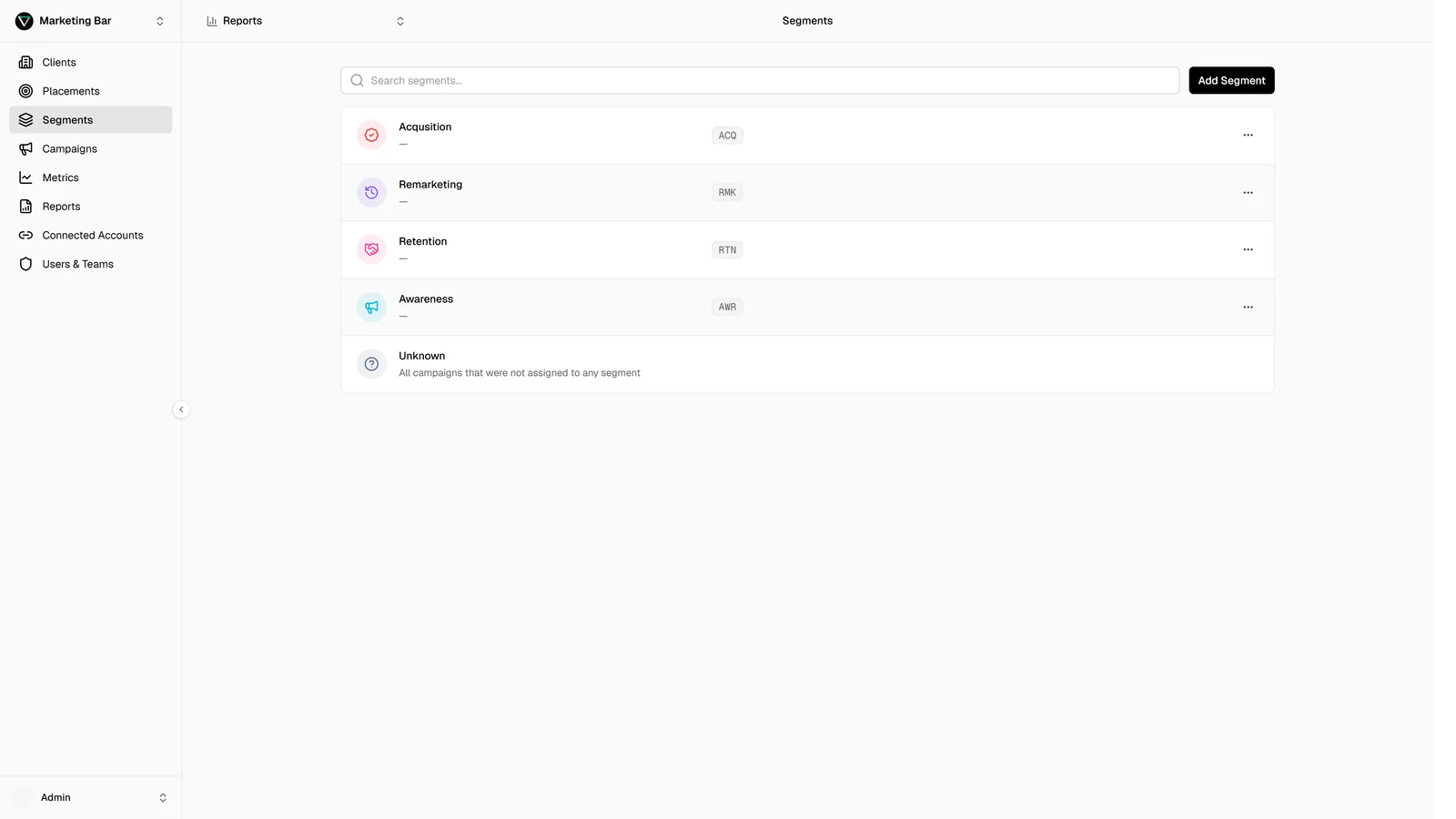 Segments page listing client segments with colour swatch, name, icon, and code