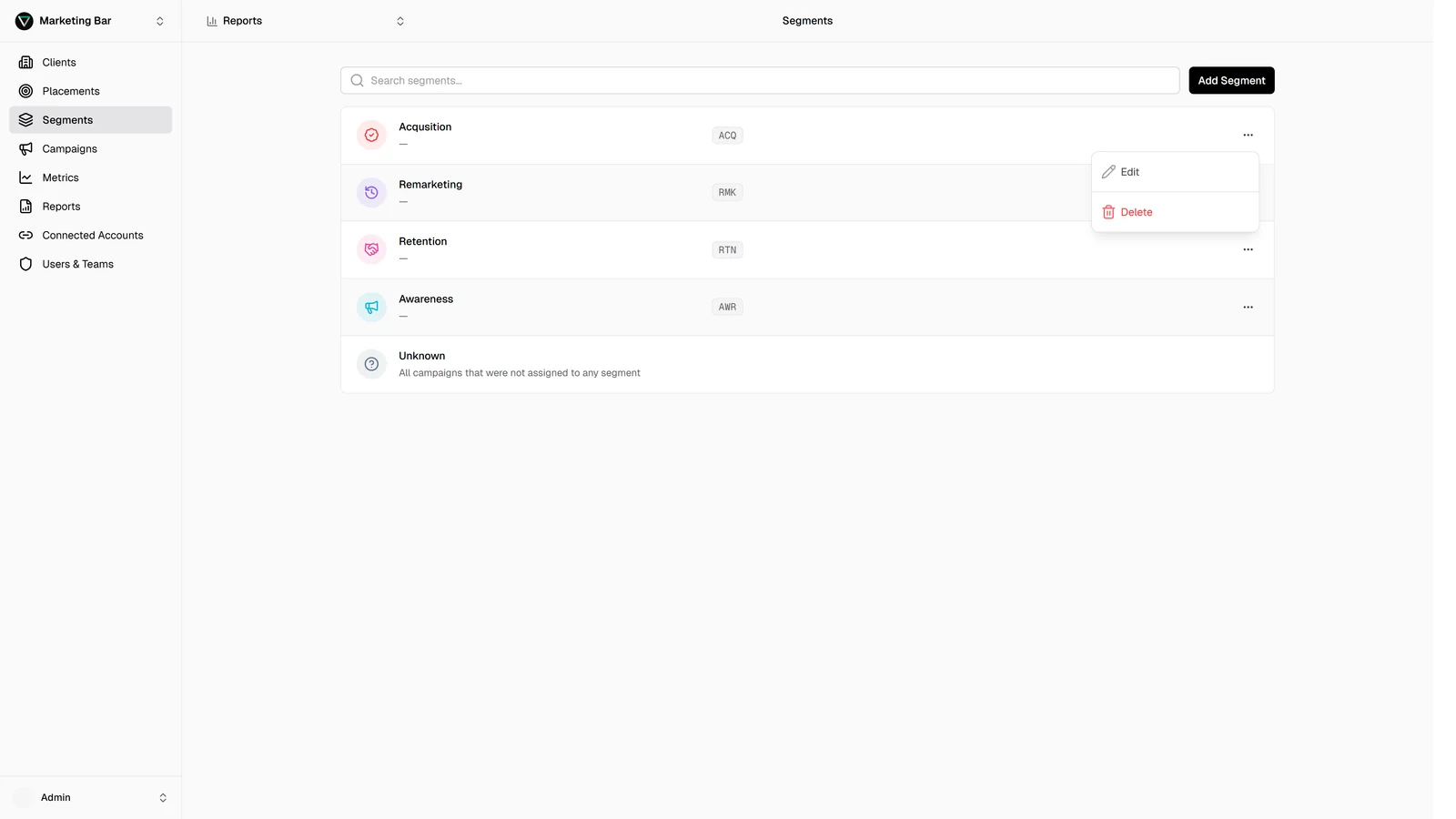 Segments page with a row's overflow menu open showing Edit and Delete actions