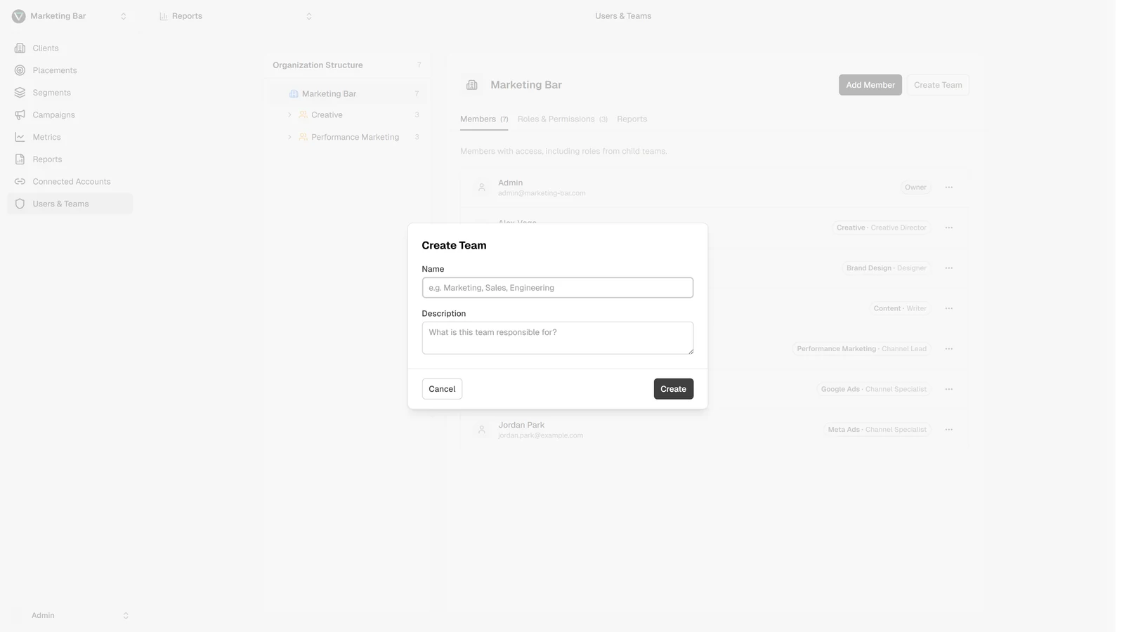 Create Team modal with Name and optional Description fields and a Save action