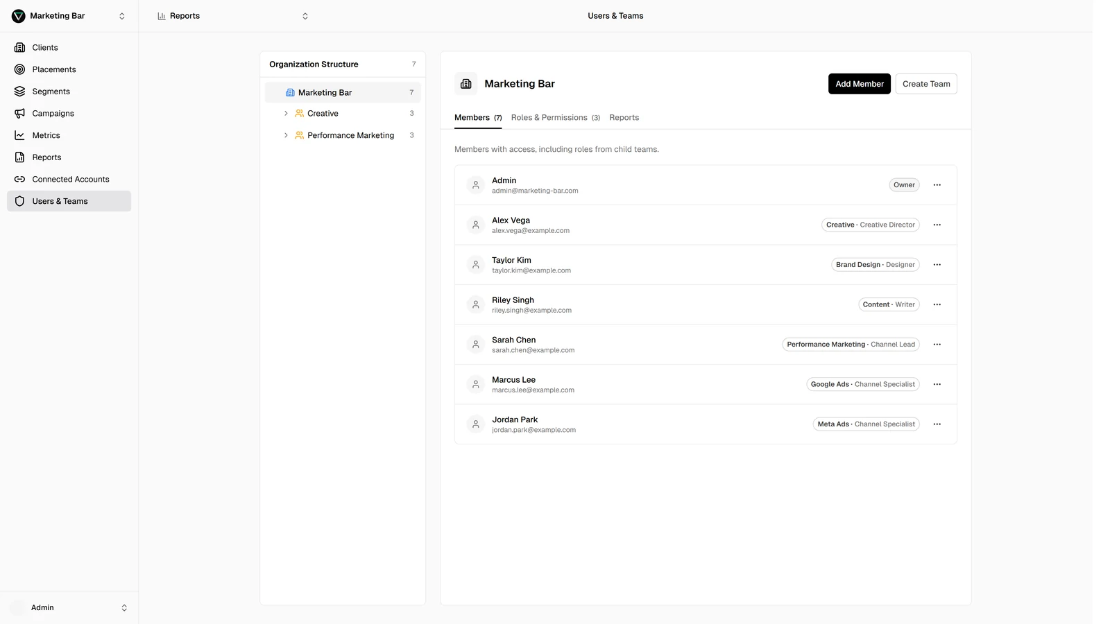 Users and Teams page showing the organization tree on the left and the selected unit's detail with members on the right