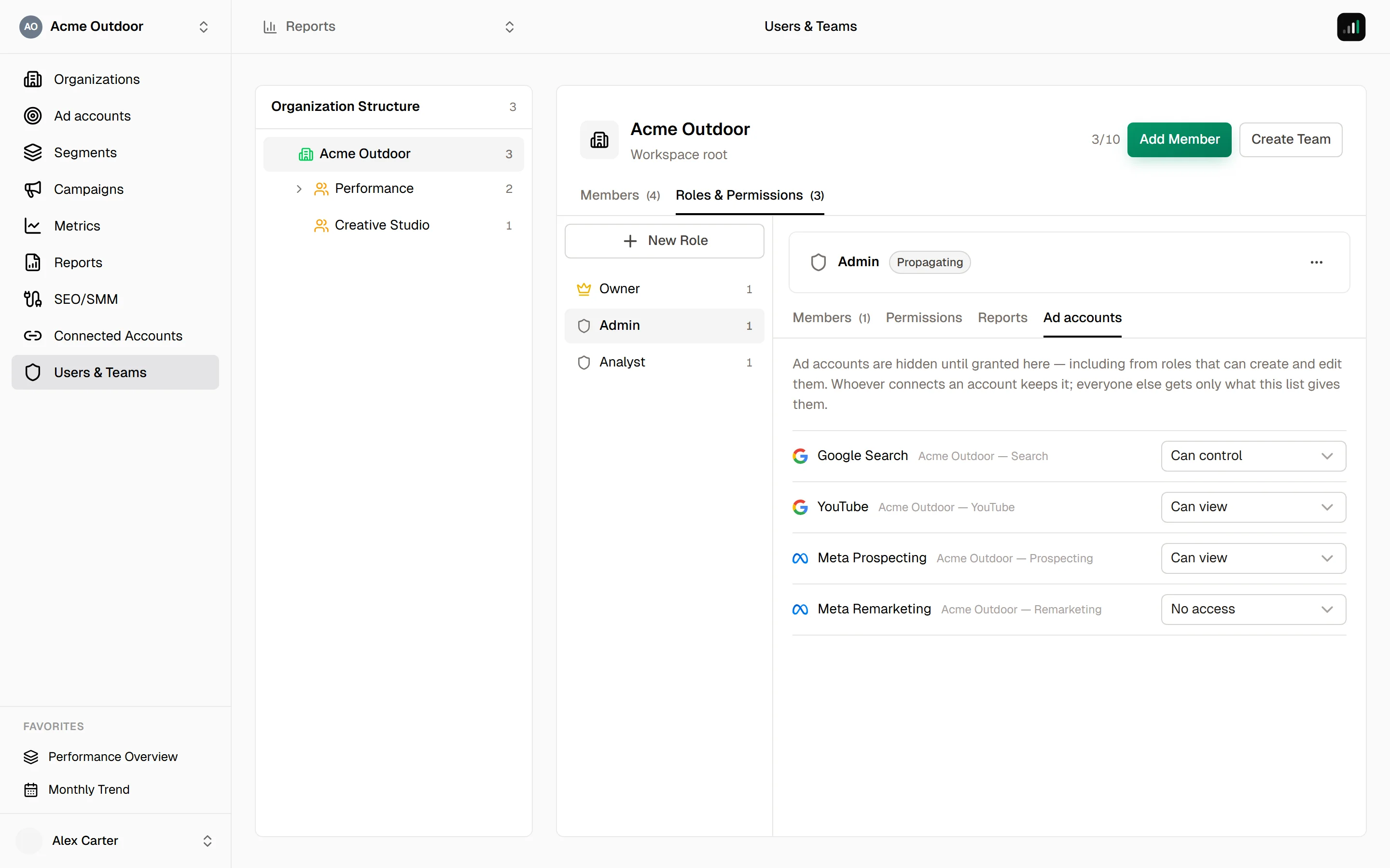A role's Ad accounts tab with per-account access level selectors: No access, Can view, Can control