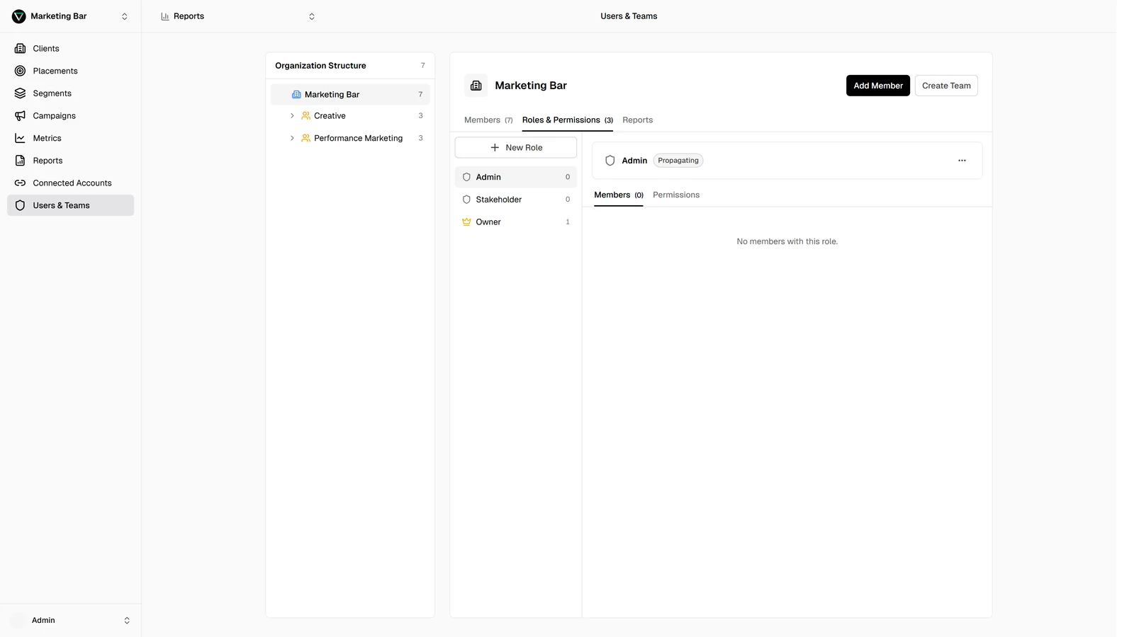 Role Permissions panel showing the Owner role with permissions grouped by category — Administration, Reporting, Configuration and Operations, Clients